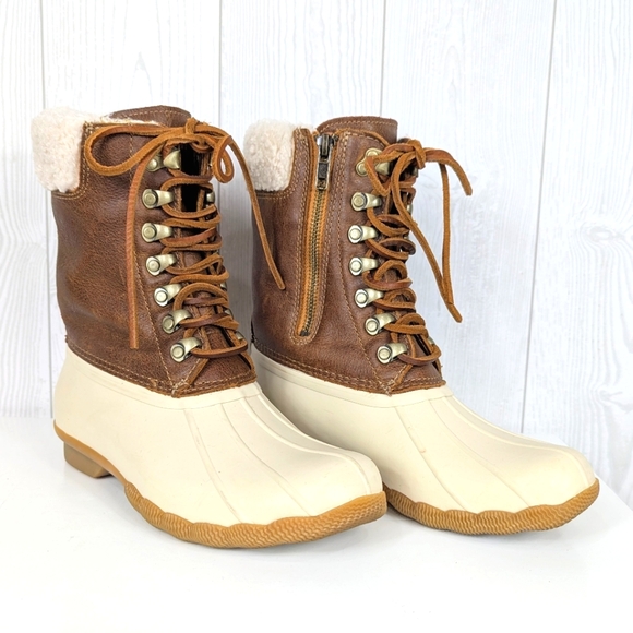 Sperry Tall Saltwater Duckboots Women's Size 6 Top Sider Brown Leather and Cream - Picture 7 of 14